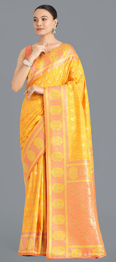 Yellow color Saree in Banarasi Silk fabric with Weaving, Zari work