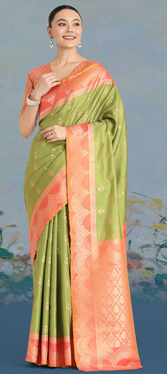 Green color Saree in Tissue fabric with Weaving, Zari work