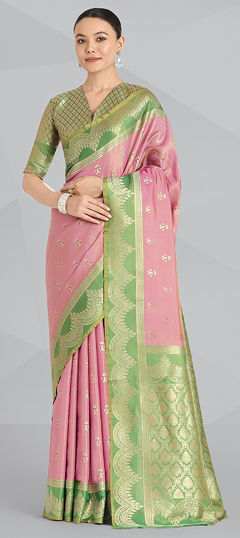 Pink and Majenta color Saree in Tissue fabric with Weaving, Zari work