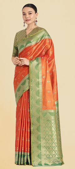 Orange color Saree in Tissue fabric with Weaving, Zari work