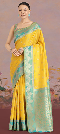 Yellow color Saree in Tissue fabric with Weaving, Zari work