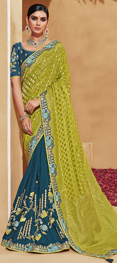 Blue, Green color Saree in Silk fabric with Embroidered, Thread work