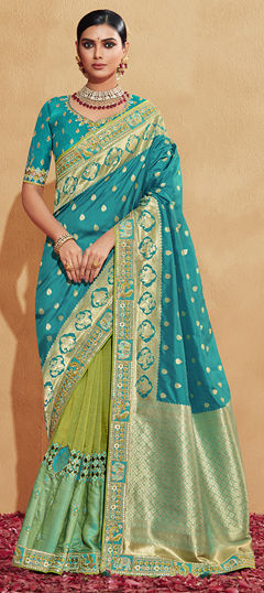 Blue, Green color Saree in Silk fabric with Embroidered, Thread work