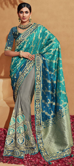 Black and Grey, Blue color Saree in Silk fabric with Embroidered, Thread work