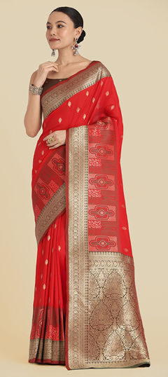 Red and Maroon color Saree in Banarasi Silk fabric with Weaving, Zari work