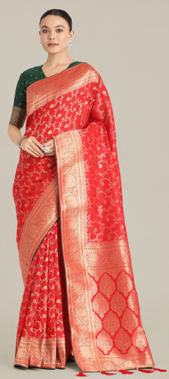 Red and Maroon color Saree in Banarasi Silk fabric with Weaving, Zari work