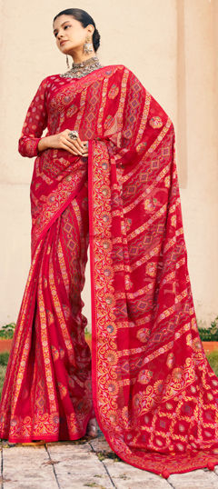 Red and Maroon color Saree in Georgette fabric with Weaving, Zari work