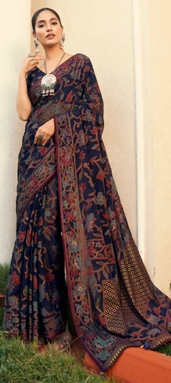 Black and Grey color Saree in Georgette fabric with Weaving, Zari work