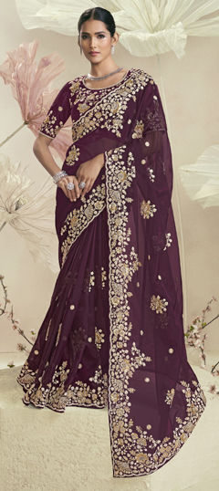 Purple and Violet color Saree in Organza Silk fabric with Embroidered, Sequence work