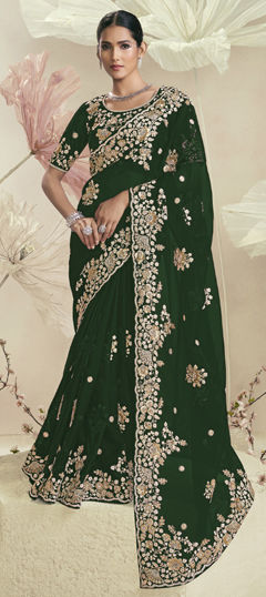 Green color Saree in Organza Silk fabric with Embroidered, Sequence, Thread work