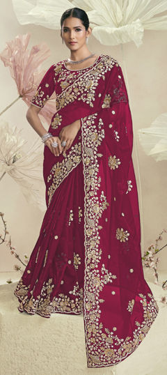 Pink and Majenta color Saree in Organza Silk fabric with Embroidered, Sequence, Thread work