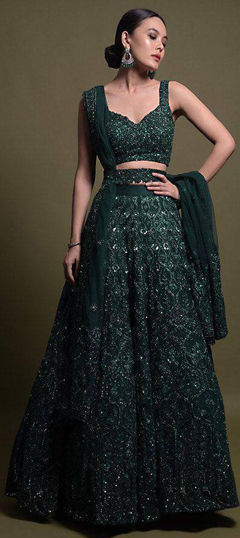 Green color Lehenga in Net fabric with Sequence, Thread work