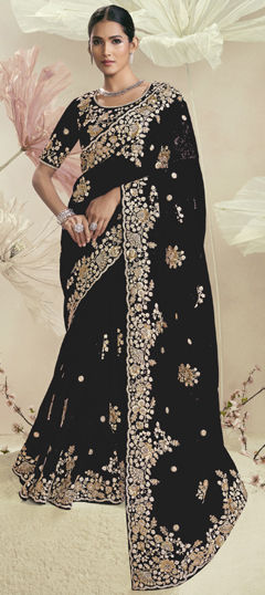 Black and Grey color Saree in Organza Silk fabric with Embroidered, Sequence, Thread work