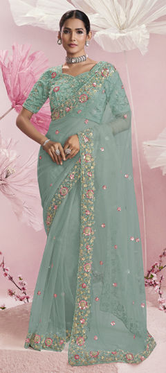 Green color Saree in Net fabric with Cut Dana, Sequence, Thread work