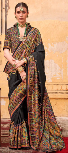 Black and Grey color Saree in Silk fabric with Printed work