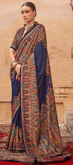 Blue color Saree in Silk fabric with Printed work