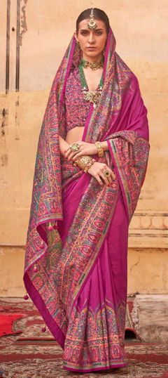 Pink and Majenta color Saree in Silk fabric with Printed work