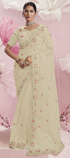 White and Off White color Saree in Net fabric with Cut Dana, Sequence, Thread work