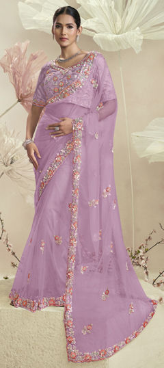 Purple and Violet color Saree in Net fabric with Cut Dana, Sequence, Thread work