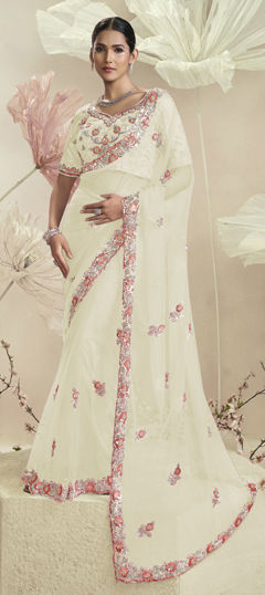 White and Off White color Saree in Net fabric with Cut Dana, Sequence, Thread work