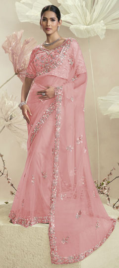 Pink and Majenta color Saree in Net fabric with Cut Dana, Sequence, Thread work