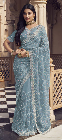 Blue color Saree in Silk fabric with Bugle Beads, Cut Dana, Sequence work