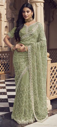 Green color Saree in Silk fabric with Bugle Beads, Cut Dana, Sequence work