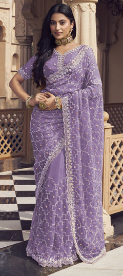 Purple and Violet color Saree in Silk fabric with Bugle Beads, Cut Dana, Sequence work