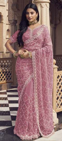 Pink and Majenta color Saree in Silk fabric with Bugle Beads, Cut Dana, Sequence work