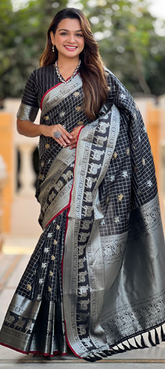 Black and Grey color Saree in Art Silk fabric with Weaving, Zari work