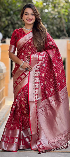 Red and Maroon color Saree in Art Silk fabric with Weaving, Zari work