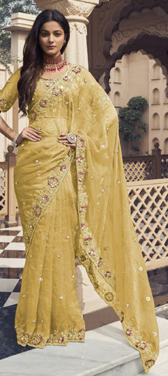 Yellow color Saree in Silk fabric with Bugle Beads, Cut Dana, Sequence work