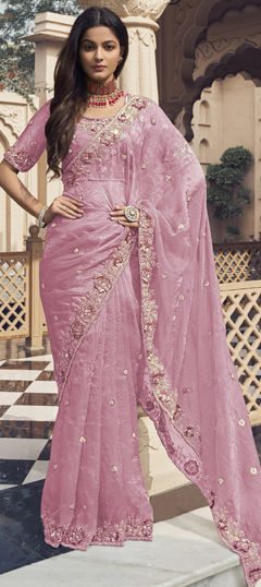 Pink and Majenta color Saree in Silk fabric with Bugle Beads, Cut Dana, Sequence work