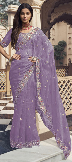 Purple and Violet color Saree in Silk fabric with Bugle Beads, Cut Dana, Sequence work