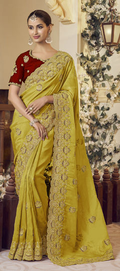 Yellow color Saree in Organza Silk fabric with Embroidered, Sequence, Thread, Zari work