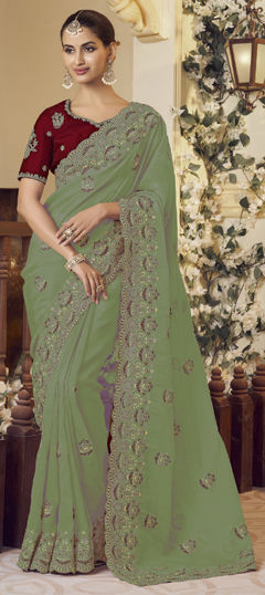 Green color Saree in Organza Silk fabric with Embroidered, Sequence, Thread, Zari work