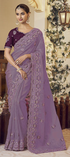 Purple and Violet color Saree in Organza Silk fabric with Embroidered, Sequence, Thread, Zari work