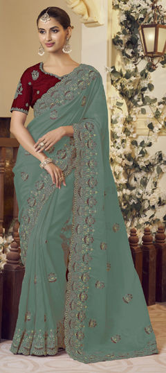 Green color Saree in Organza Silk fabric with Embroidered, Sequence, Thread, Zari work