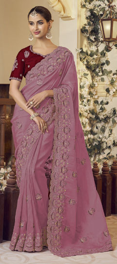 Pink and Majenta color Saree in Organza Silk fabric with Embroidered, Sequence, Thread, Zari work