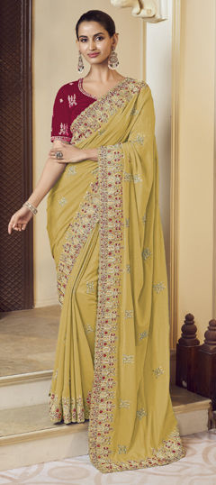 Yellow color Saree in Georgette fabric with Bugle Beads, Thread, Zari work