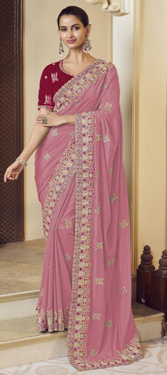 Pink and Majenta color Saree in Georgette fabric with Bugle Beads, Thread, Zari work