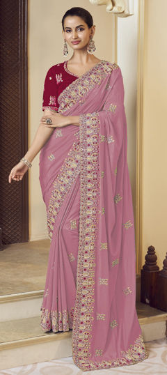 Pink and Majenta color Saree in Georgette fabric with Bugle Beads, Thread, Zari work