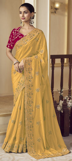 Yellow color Saree in Georgette fabric with Bugle Beads, Thread, Zari work