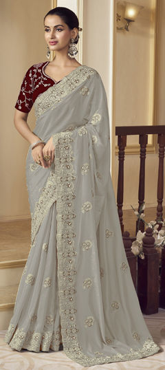 Black and Grey color Saree in Georgette fabric with Bugle Beads, Thread, Zari work