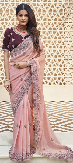 Pink and Majenta color Saree in Georgette fabric with Bugle Beads, Thread work