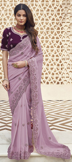 Purple and Violet color Saree in Georgette fabric with Bugle Beads, Thread work