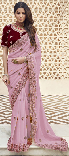 Pink and Majenta color Saree in Georgette fabric with Bugle Beads, Thread work