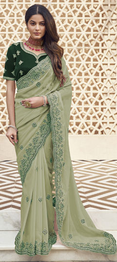 Green color Saree in Georgette fabric with Bugle Beads, Thread work