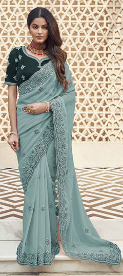 Green color Saree in Georgette fabric with Bugle Beads, Thread work