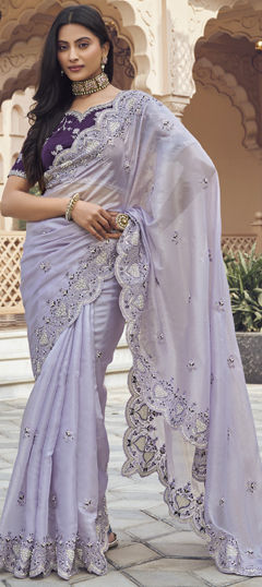 Purple and Violet color Saree in Silk fabric with Bugle Beads, Embroidered, Thread work